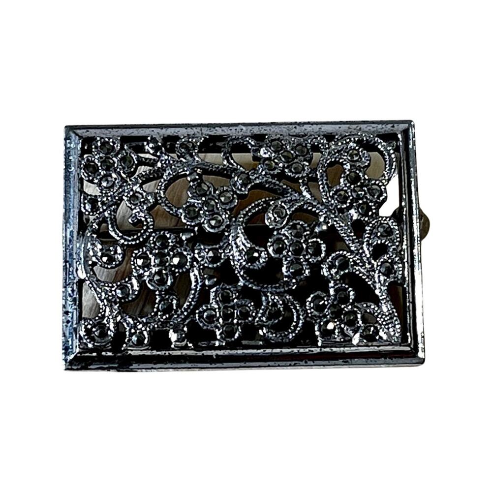 Silver Marcasite Bar Brooch, Small Victorian Silver Flower Brooch, Vintage Pin